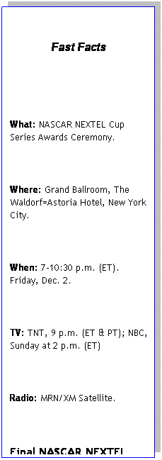 Text Box:   
Fast Facts
 
 
What: NASCAR NEXTEL Cup Series Awards Ceremony.
 
Where: Grand Ballroom, The Waldorf=Astoria Hotel, New York City.
 
When: 7-10:30 p.m. (ET). Friday, Dec. 2.
 
TV: TNT, 9 p.m. (ET & PT); NBC, Sunday at 2 p.m. (ET) 
 
Radio: MRN/XM Satellite.
 
Final NASCAR NEXTEL Cup Series Top 10: 1. Jimmie Johnson 6,475. 2. Matt Kenseth 6,419. 3. Denny Hamlin 6,407. 4. Kevin Harvick 6,397. 5. Dale Earnhardt Jr. 6,328. 6. Jeff Gordon 6,256. 7. Jeff Burton 6,228. 8. Kasey Kahne 6,183. 9. Mark Martin 6,168. 10. Kyle Busch 6,027.
 
11th-place driver: Tony Stewart.
 
Raybestos Rookie of the Year: Denny Hamlin.
 
Musical Entertainment: Jewel.
